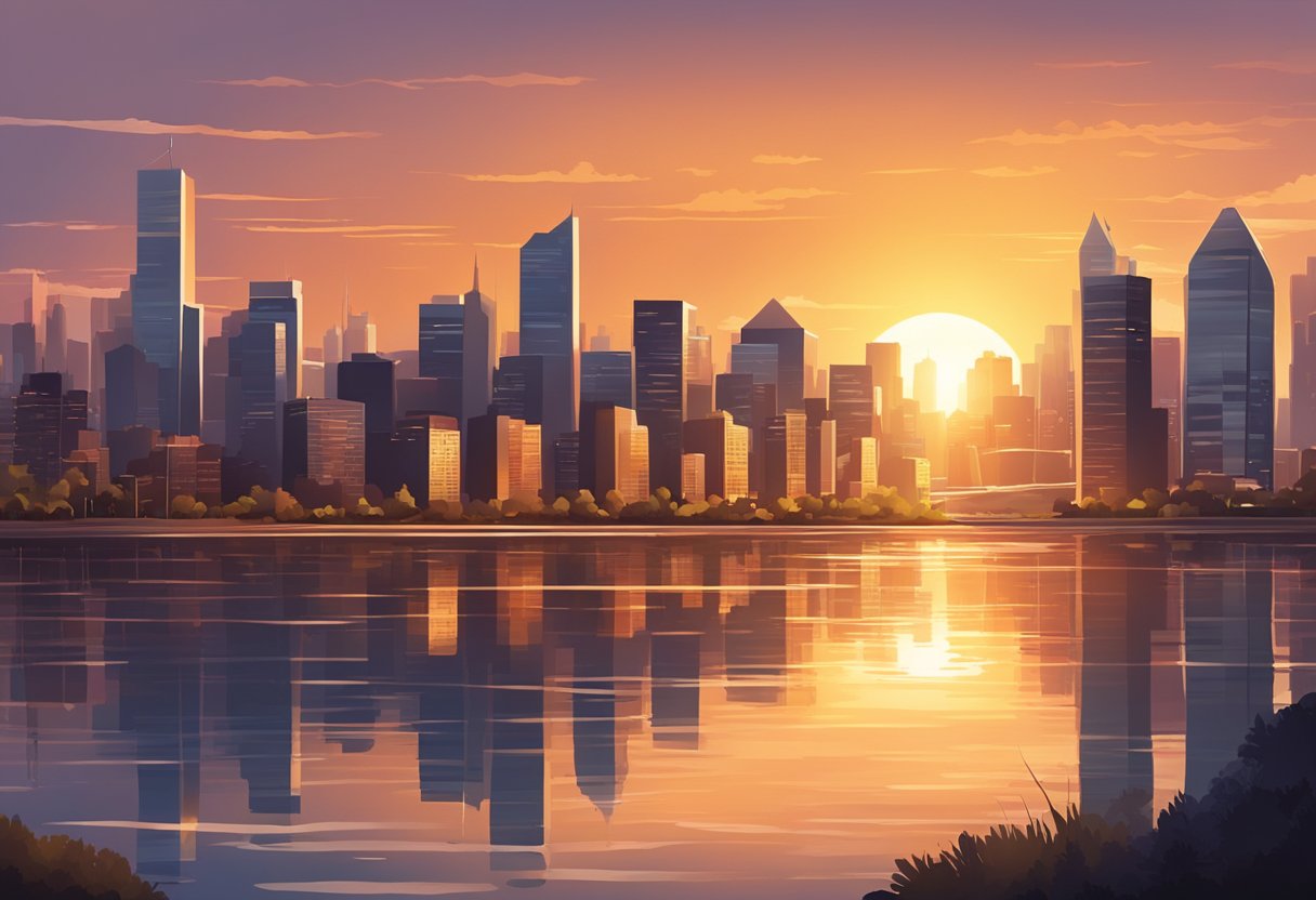 The sun sets behind the city skyline, casting a warm glow over the urban landscape and reflecting off the water