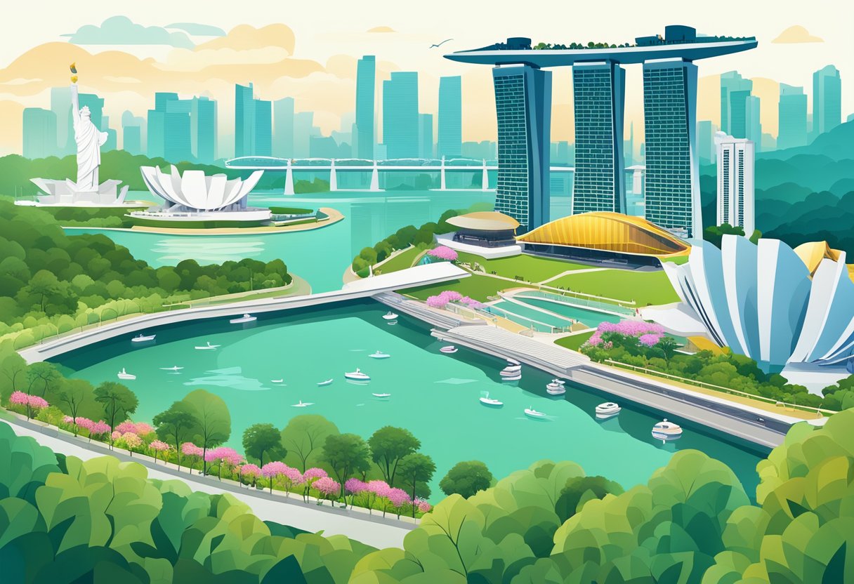 The skyline of Singapore, with the Marina Bay Sands, Gardens by the Bay, and the iconic Merlion statue, set against a backdrop of modern skyscrapers and lush greenery