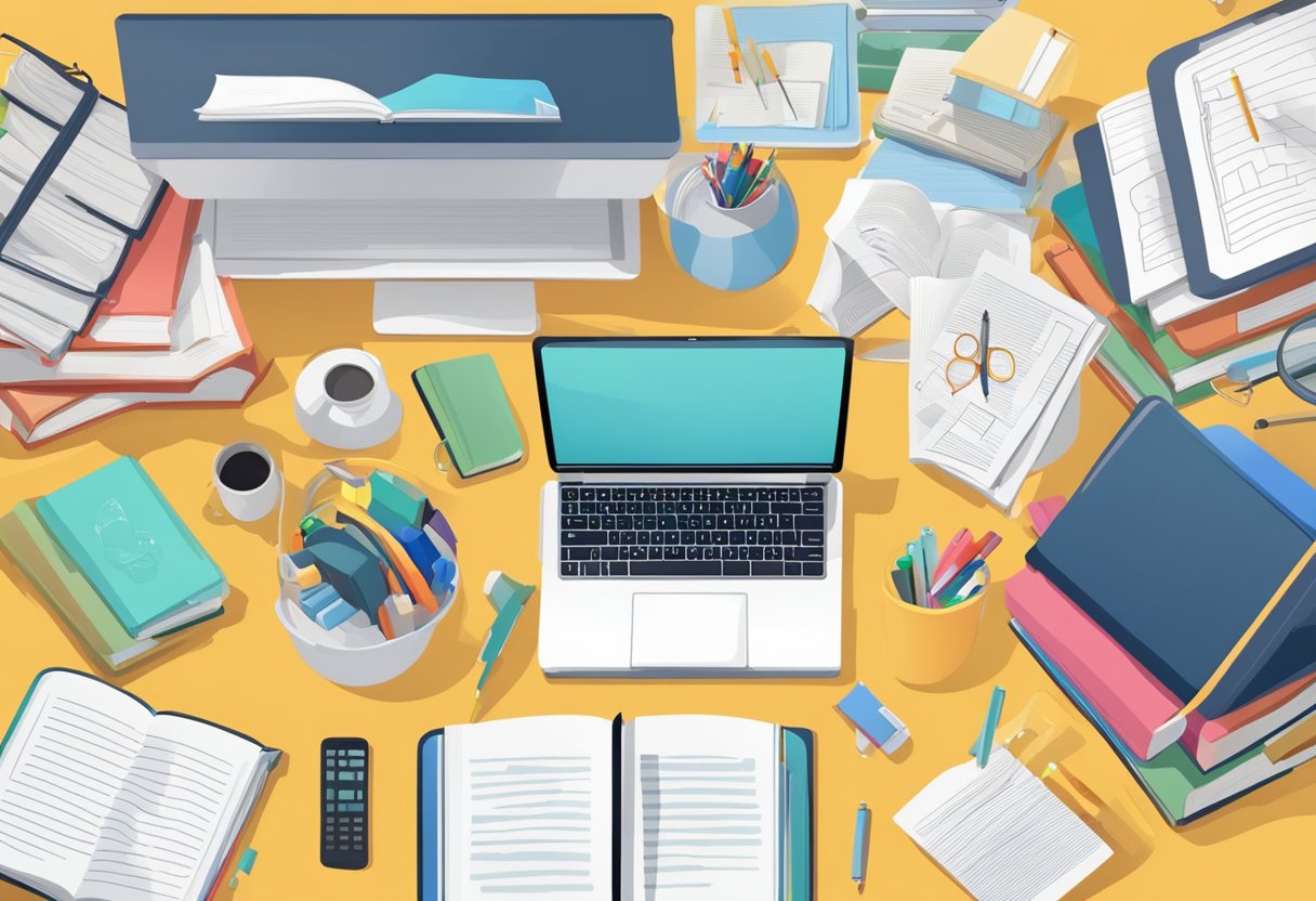 A person studying and learning new skills through SkillsFuture, surrounded by books, a laptop, and various educational materials