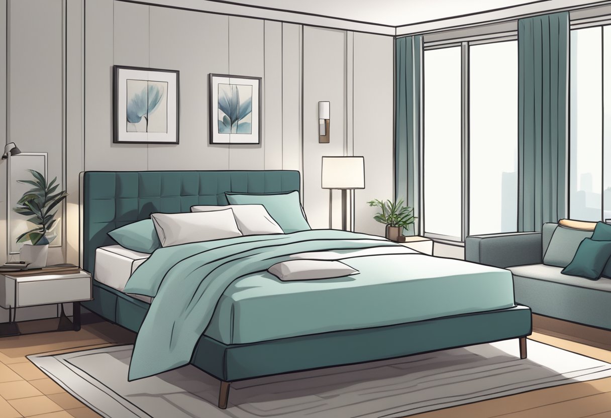 A neatly made bed with a fitted sheet, flat sheet, and pillowcases in a simple, modern Singaporean bedroom