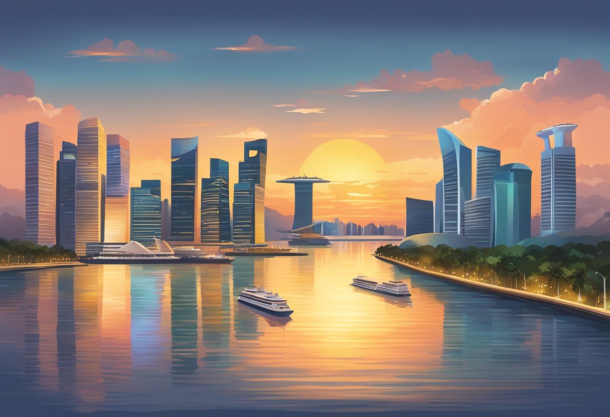 The sun sets behind the Singapore skyline, casting a warm glow over the city's iconic landmarks and reflecting off the calm waters of the harbor