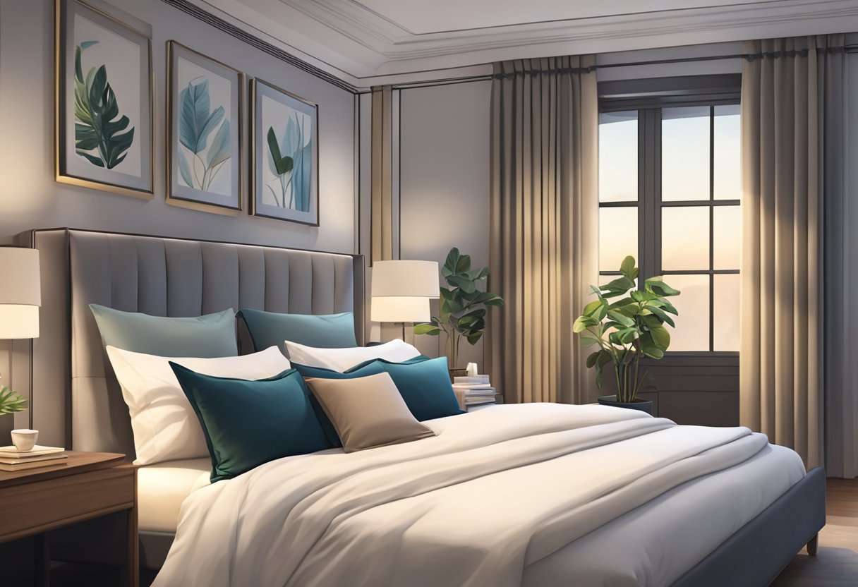 A cozy bedroom with a neatly made bed, adorned with luxurious, high-quality bedsheets from Singapore. The room is softly lit, creating a tranquil and inviting atmosphere for a restful night's sleep