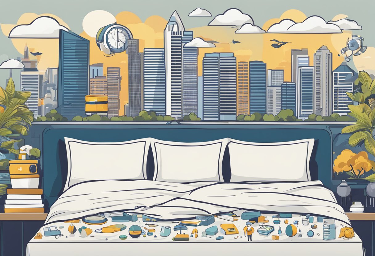 A bedsheet with "Frequently Asked Questions" printed on it, surrounded by various icons and symbols, set against a backdrop of the Singapore skyline