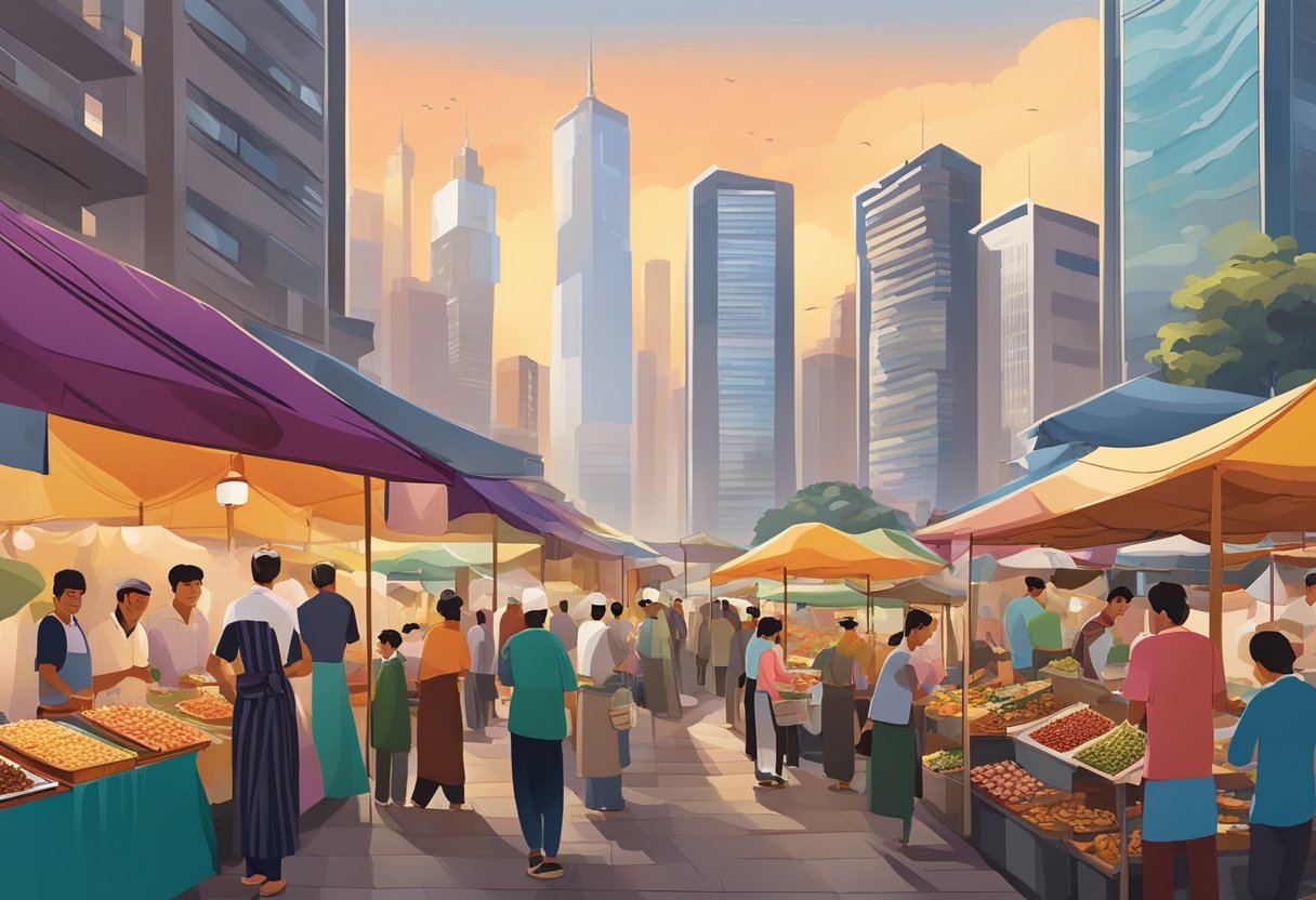 Colorful street food stalls line the bustling market. A mix of aromatic spices fills the air as people sample a variety of local dishes. Tall skyscrapers loom in the background, showcasing the modern city's juxtaposition with traditional cuisine