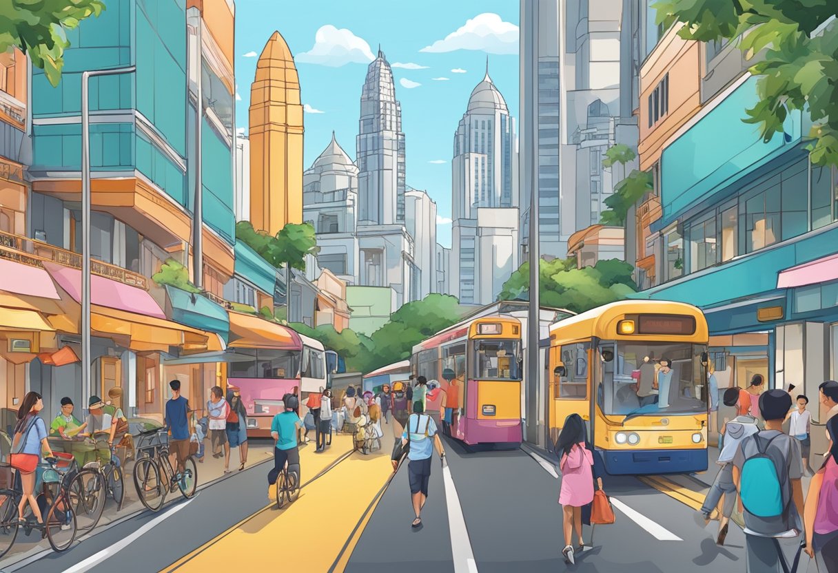 A bustling Singapore street with iconic landmarks and diverse attractions