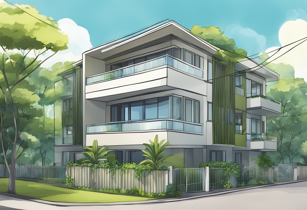 A modern apartment building in Singapore with a "For Rent" sign displayed outside, surrounded by lush greenery and a clear blue sky
