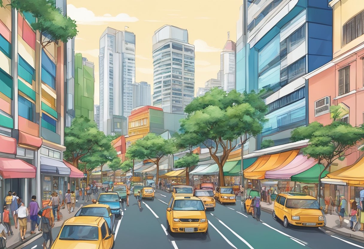 A bustling street in Singapore, with colorful shopfronts and bustling traffic on Turf Club Road