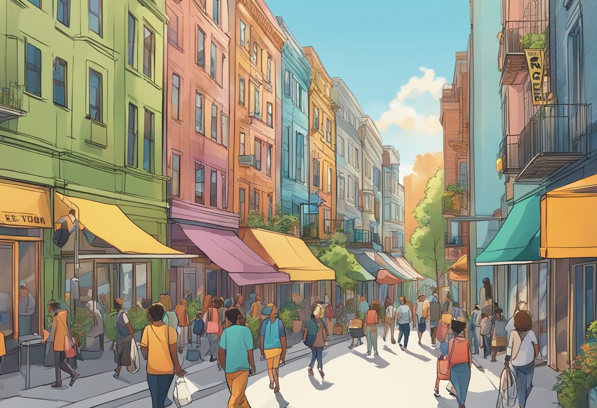 A bustling city street with a row of colorful, modern buildings, each with "For Rent" signs displayed prominently. The sun is shining, and people are walking by, glancing up at the available properties