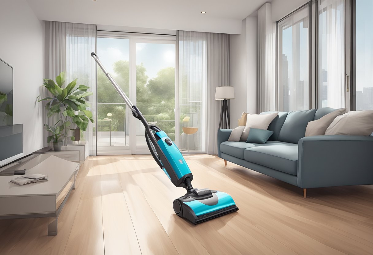 A sleek vacuum cleaner in a modern Singapore apartment, gliding across the floor with ease