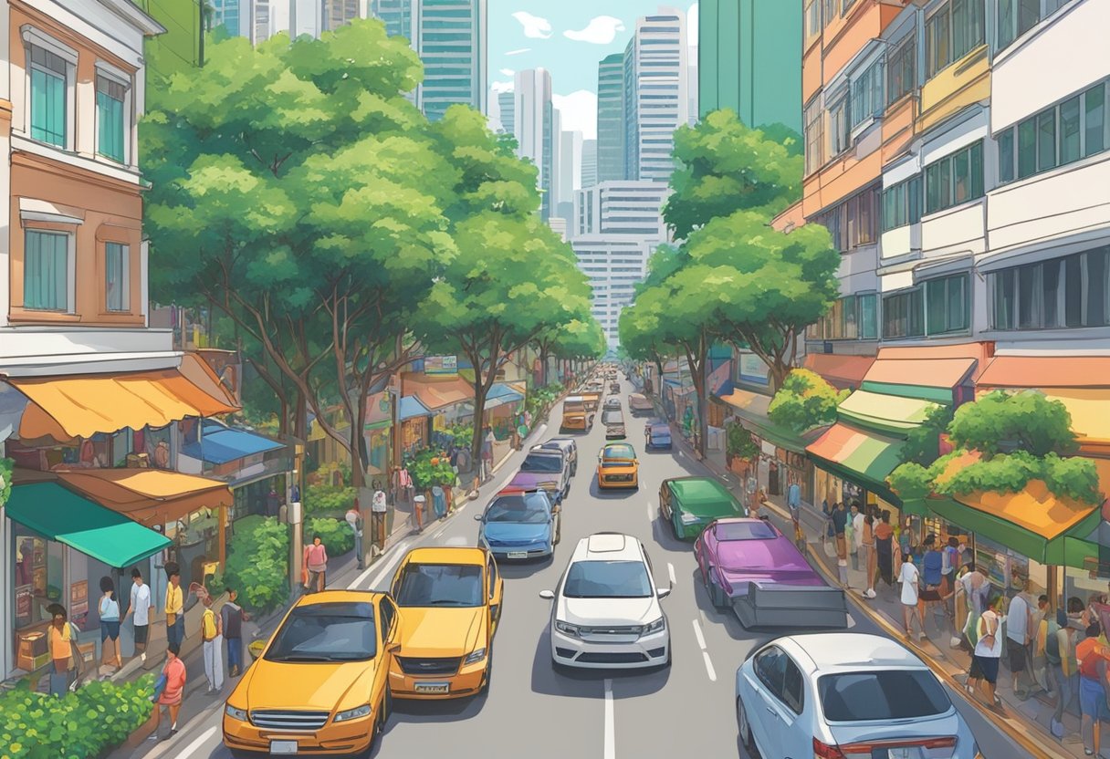 A bustling street lined with shops and restaurants, surrounded by tall buildings and lush greenery. The road is filled with cars and pedestrians, capturing the vibrant energy of Turf Club Road in Singapore