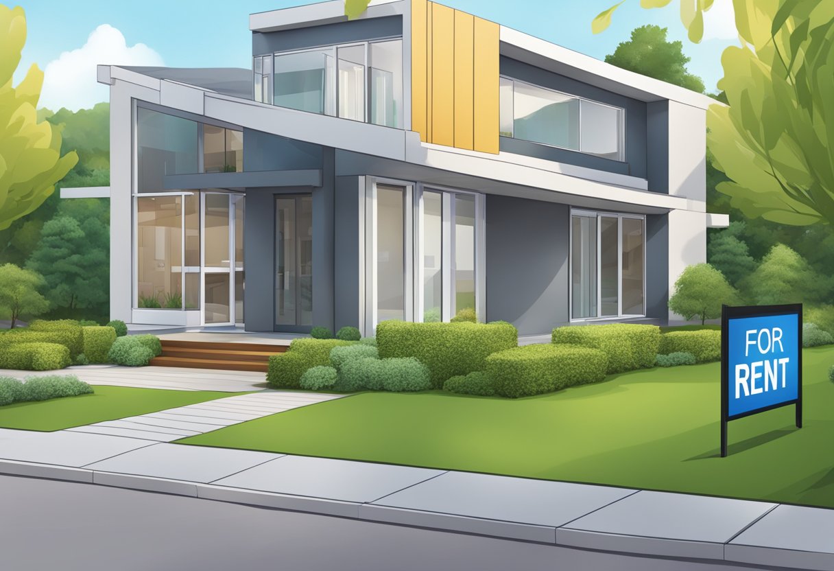 A real estate agent shows a modern property with a "For Rent" sign in front. The building is surrounded by lush landscaping and has a sleek, contemporary design