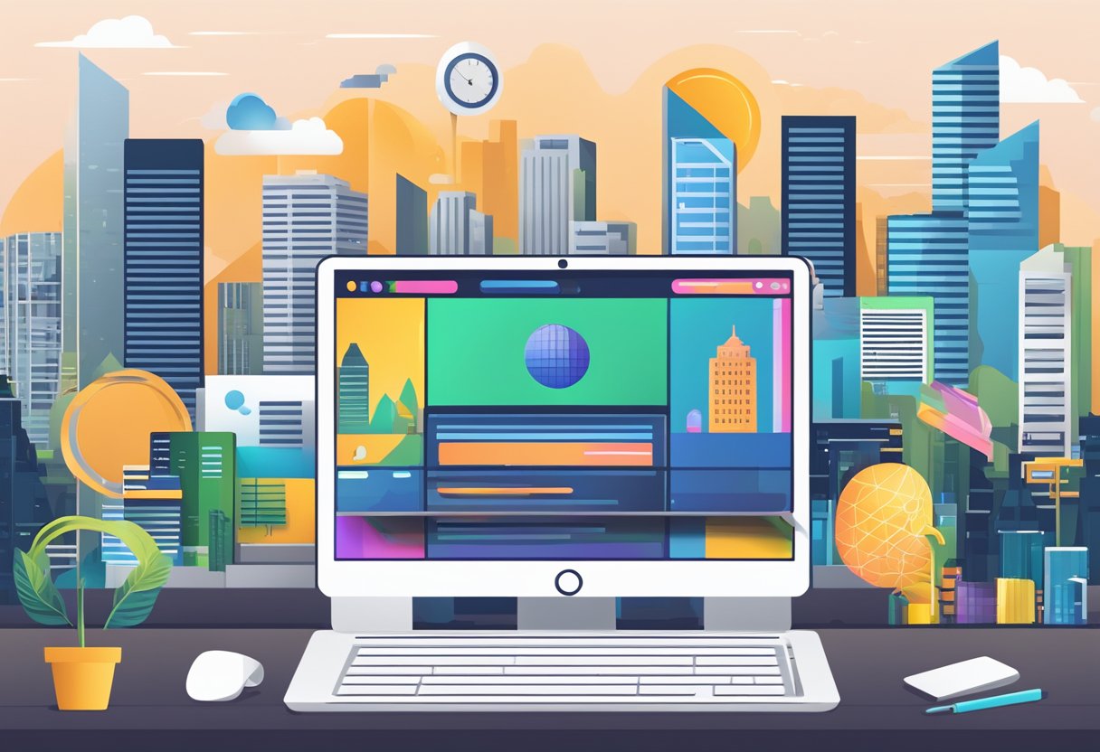 A sleek laptop displaying a modern website design with clean lines and vibrant colors, surrounded by design tools and a Singapore cityscape in the background