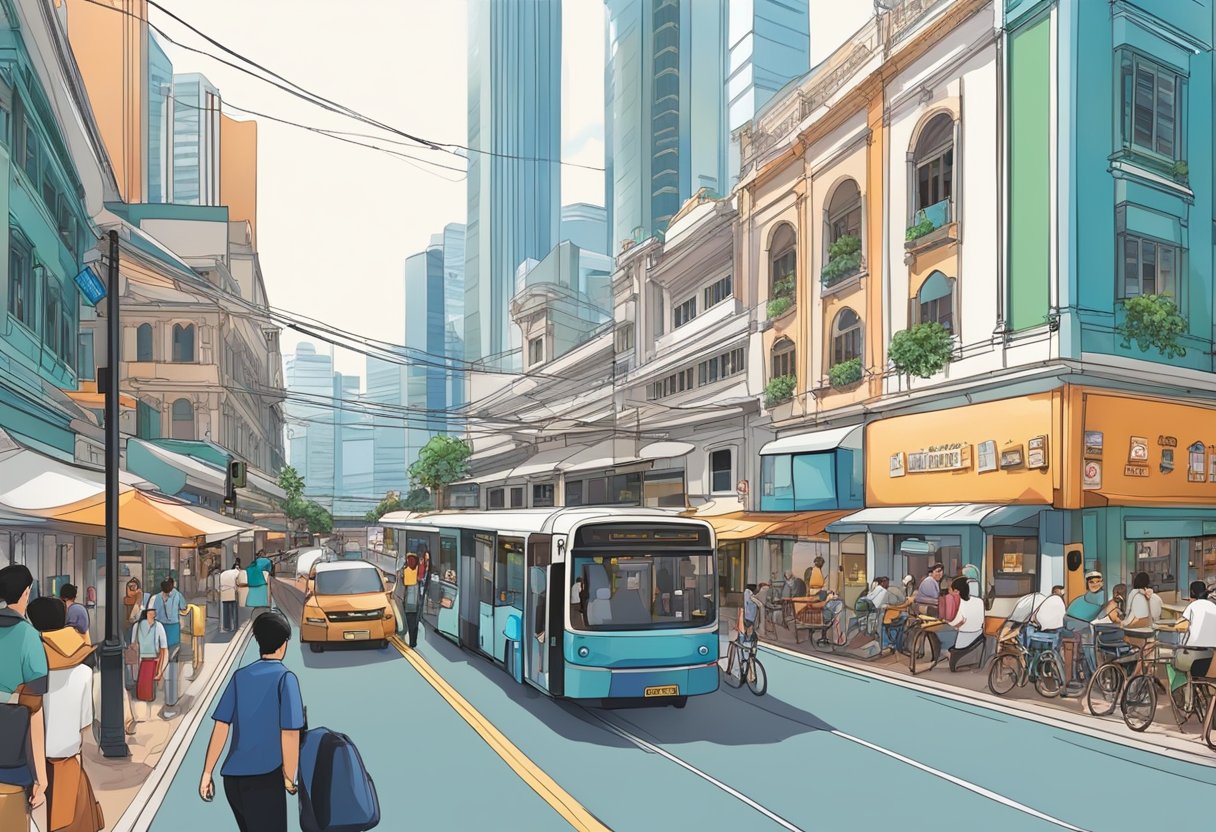 A bustling city street in Singapore, with iconic landmarks and a mix of traditional and modern architecture, surrounded by vibrant shops and bustling with activity