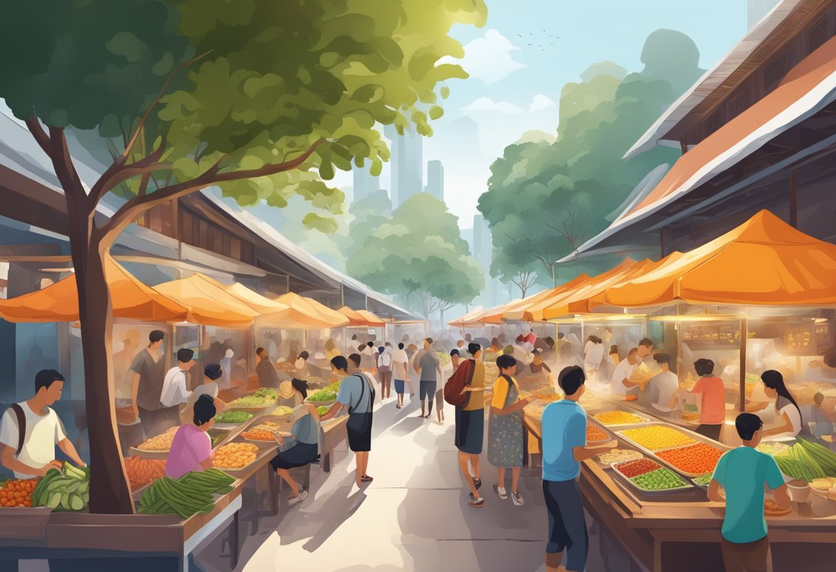 A bustling hawker center in Singapore, filled with colorful stalls offering a variety of vegan dishes. The aroma of sizzling vegetables and fragrant spices fills the air