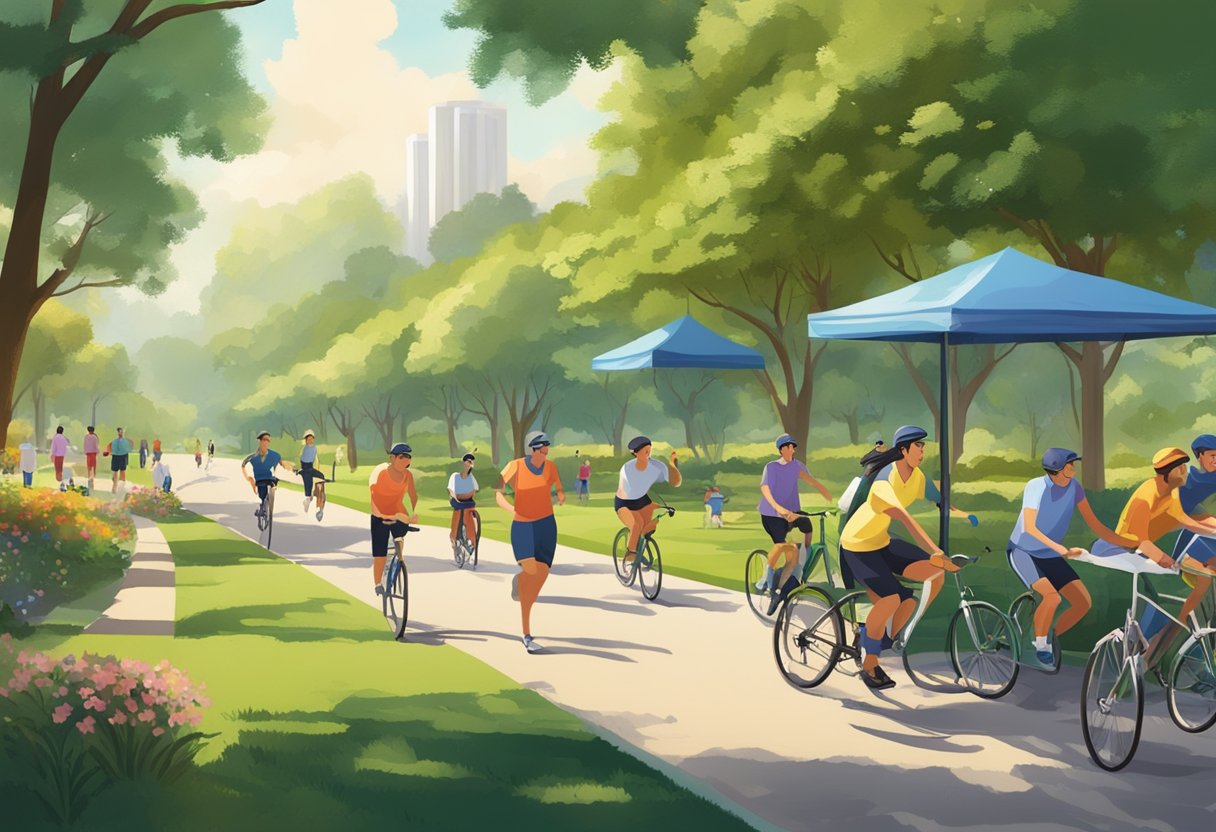 People enjoying outdoor activities at Turf Club Road, including jogging, cycling, and picnicking in the lush greenery