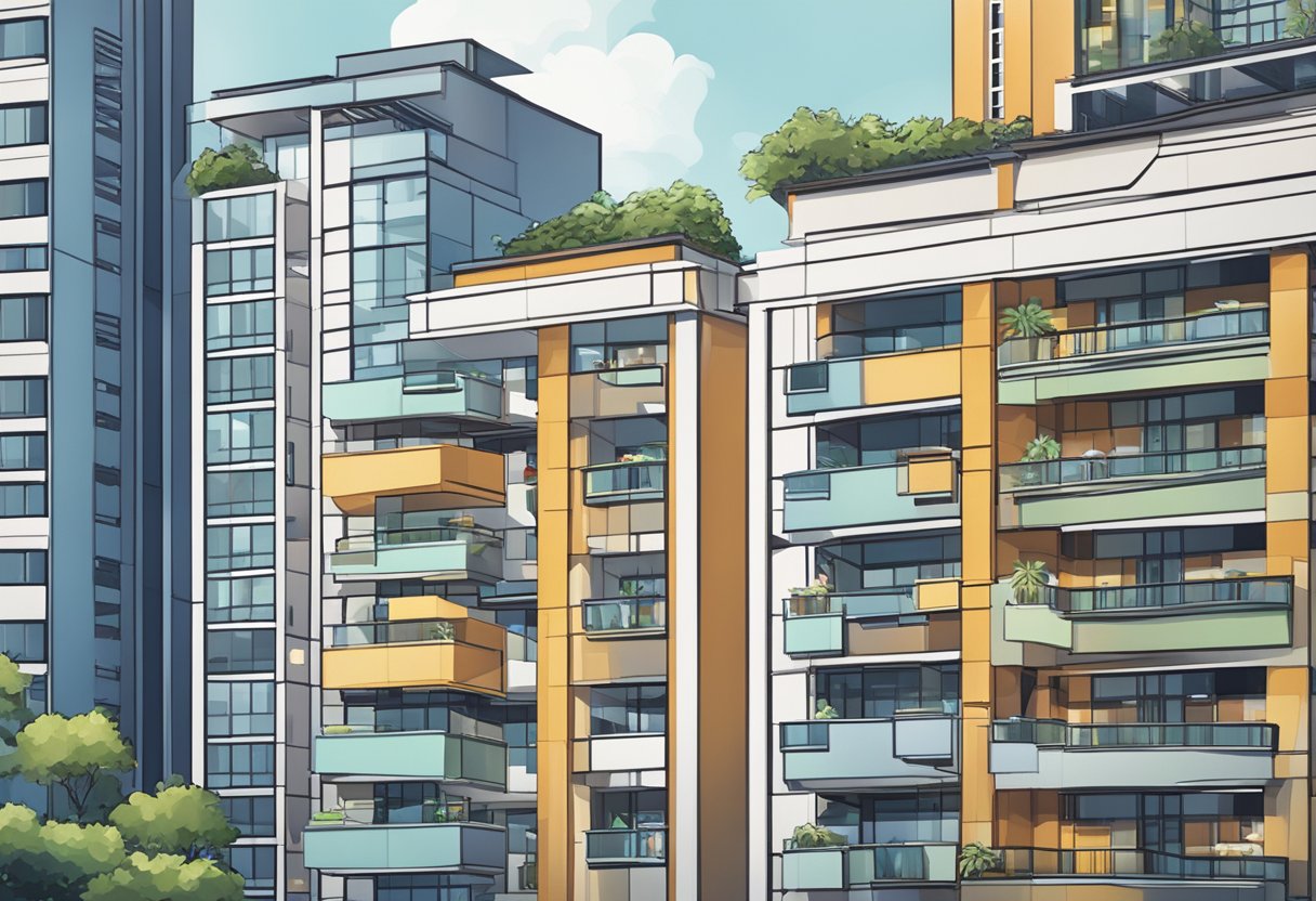 A "Frequently Asked Questions" sign hangs outside a modern apartment building in Singapore, with a bustling cityscape in the background