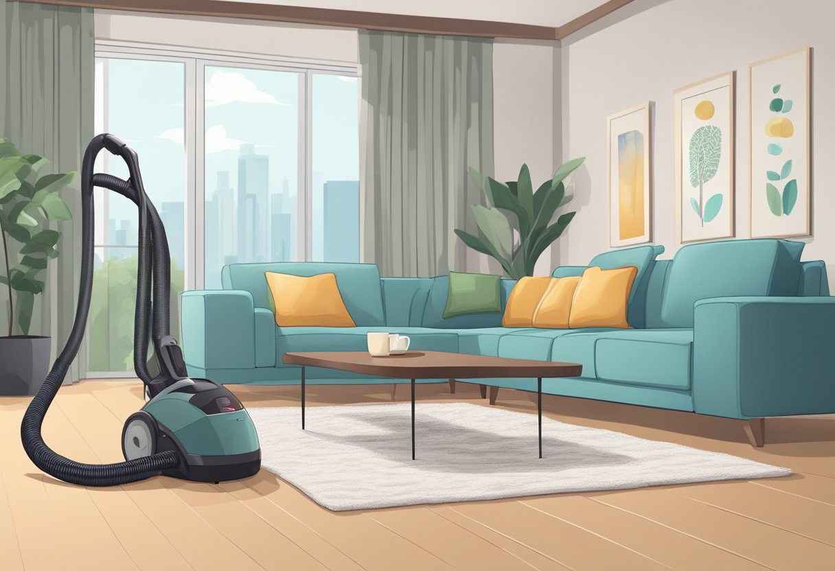 A modern vacuum cleaner sits beside a neatly arranged living room with plush furniture and clean floors in a Singaporean home