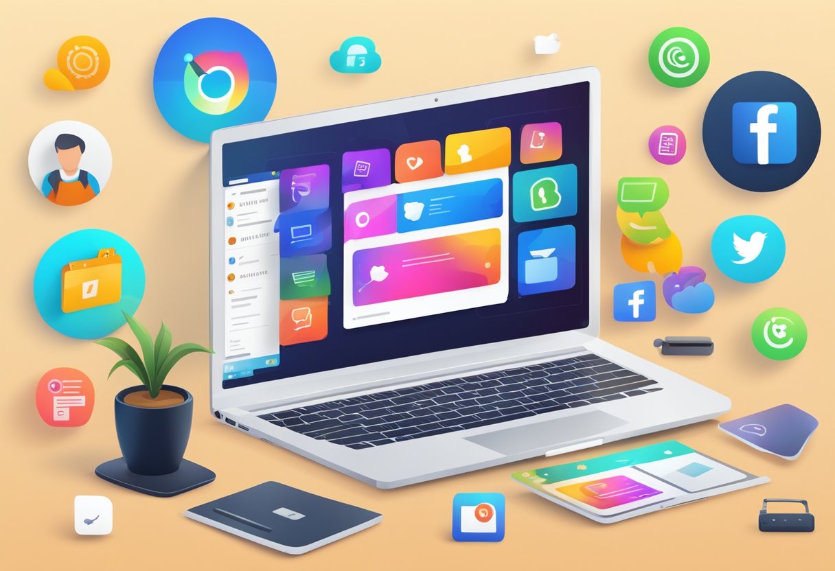 A laptop displaying a sleek, modern website design with vibrant colors and engaging graphics, surrounded by social media icons and positive customer reviews