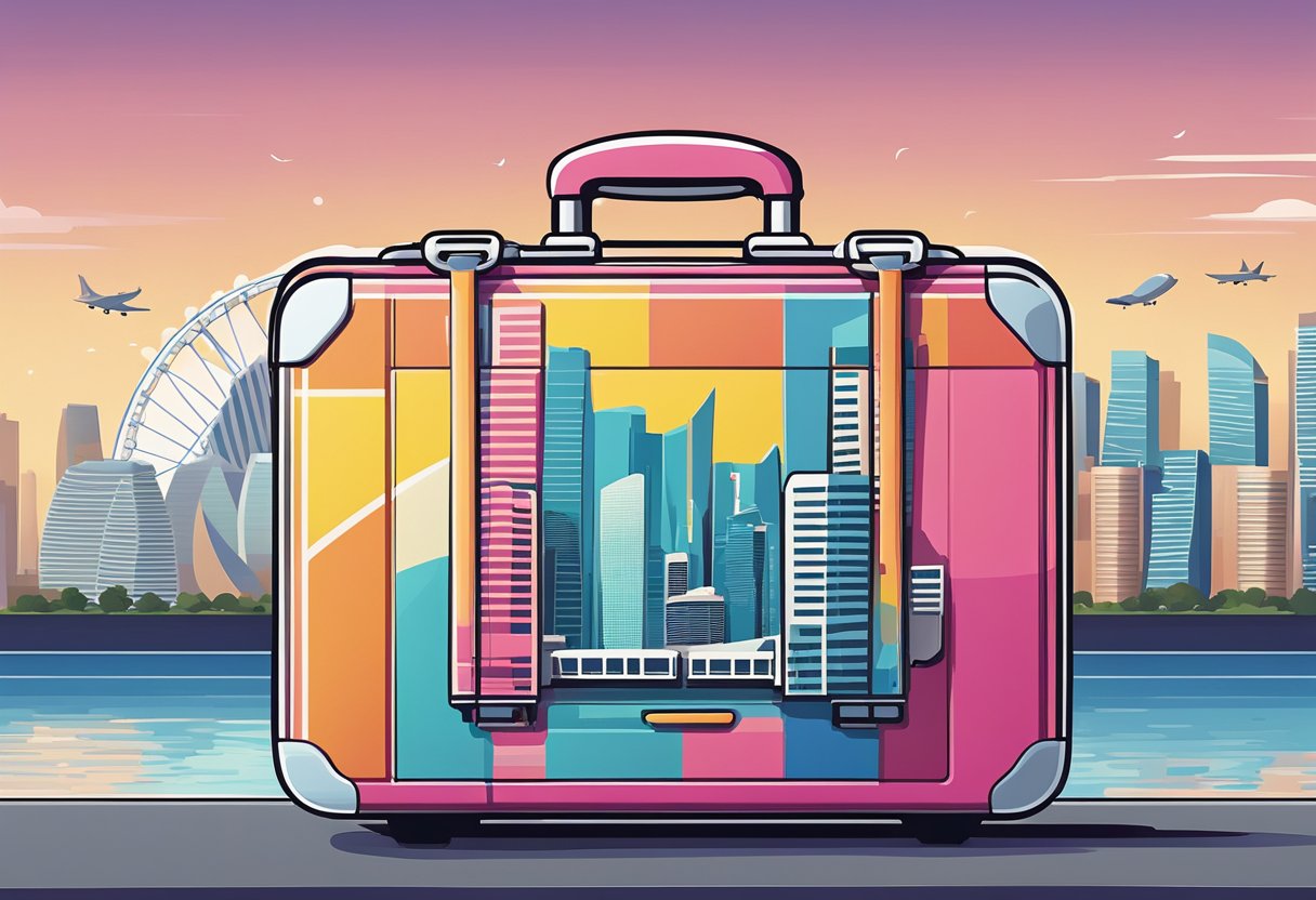 A brightly colored American Tourister suitcase sits against a backdrop of the iconic Singapore skyline, with the Marina Bay Sands and the Singapore Flyer in the distance