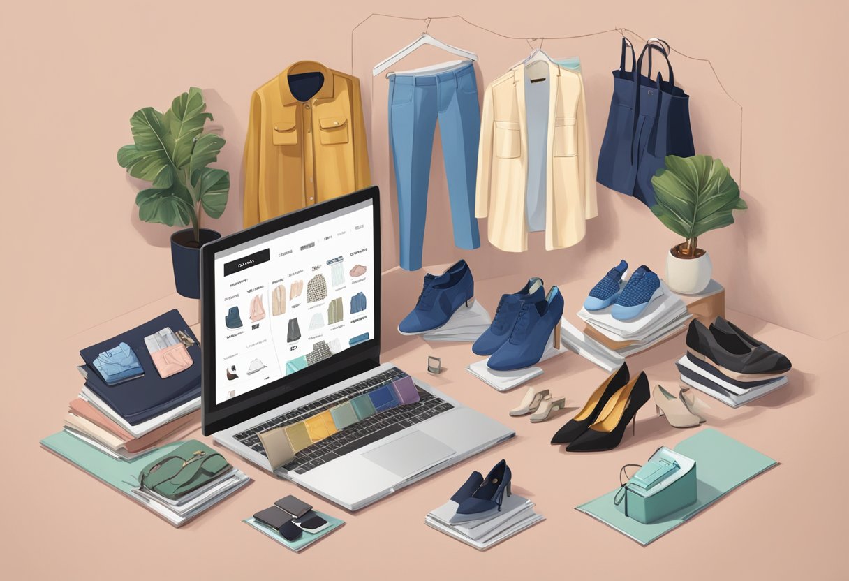 An open laptop displaying Zalora's extensive fashion catalogue, surrounded by stylish shoes, clothing, and accessories