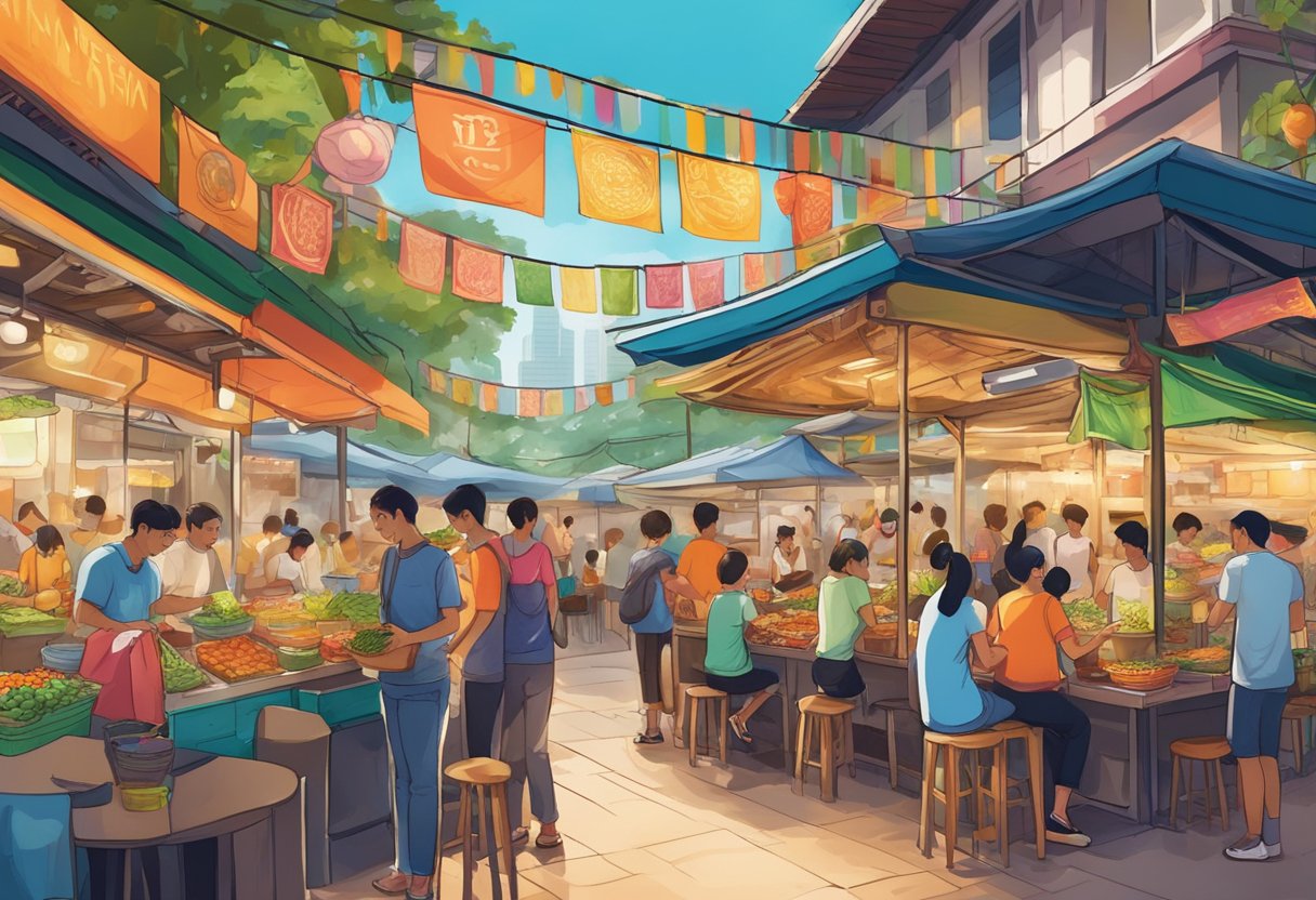A bustling hawker center in Singapore, filled with colorful stalls offering a diverse array of vegan dishes from all over the world. The aroma of spices and herbs fills the air as locals and tourists alike explore the vibrant and flavorful world of vegan cuisine