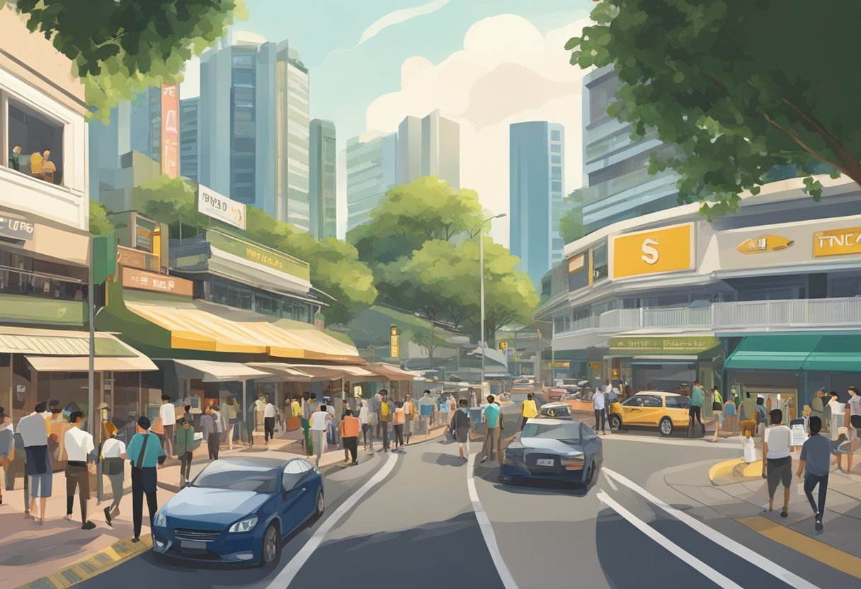 A bustling scene at the FAQ turf club road in Singapore. Street signs, traffic, and pedestrians create a lively atmosphere