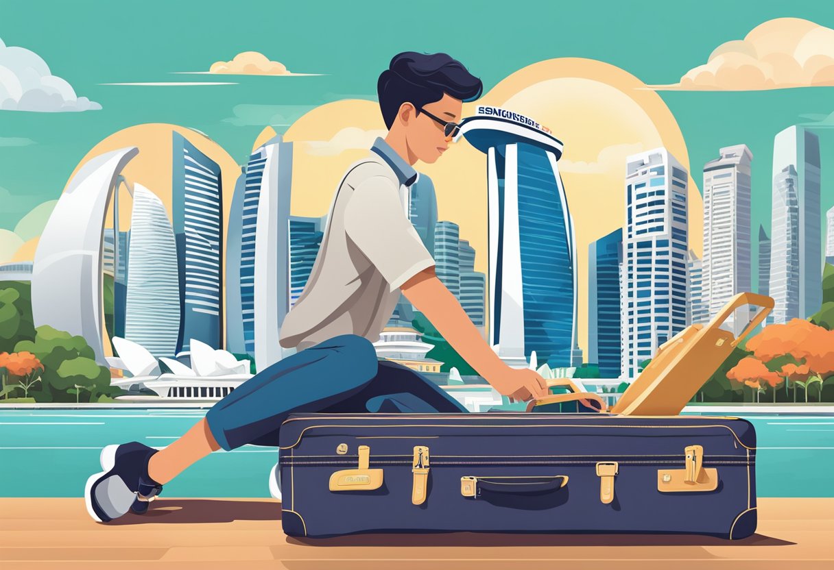 A traveler opens an American Tourister suitcase in front of iconic Singapore landmarks
