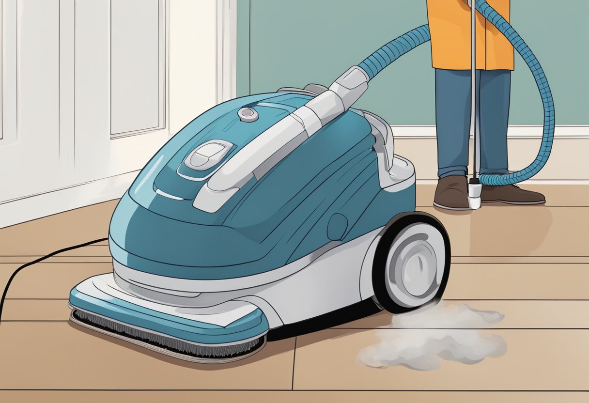 A vacuum cleaner being cleaned and maintained with a brush and cloth, filter being replaced, and cord being neatly wrapped
