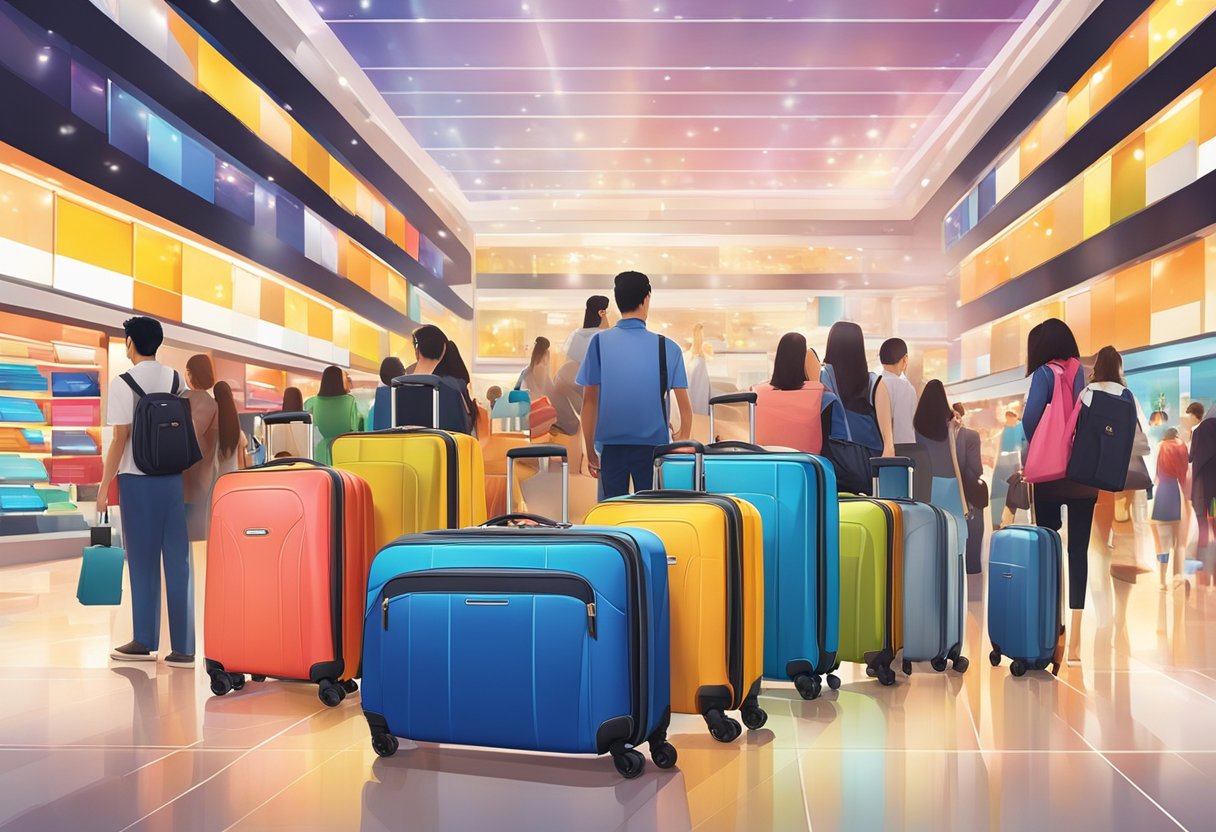 A colorful display of American Tourister suitcases in a modern Singaporean shopping mall, surrounded by excited shoppers and bright lights