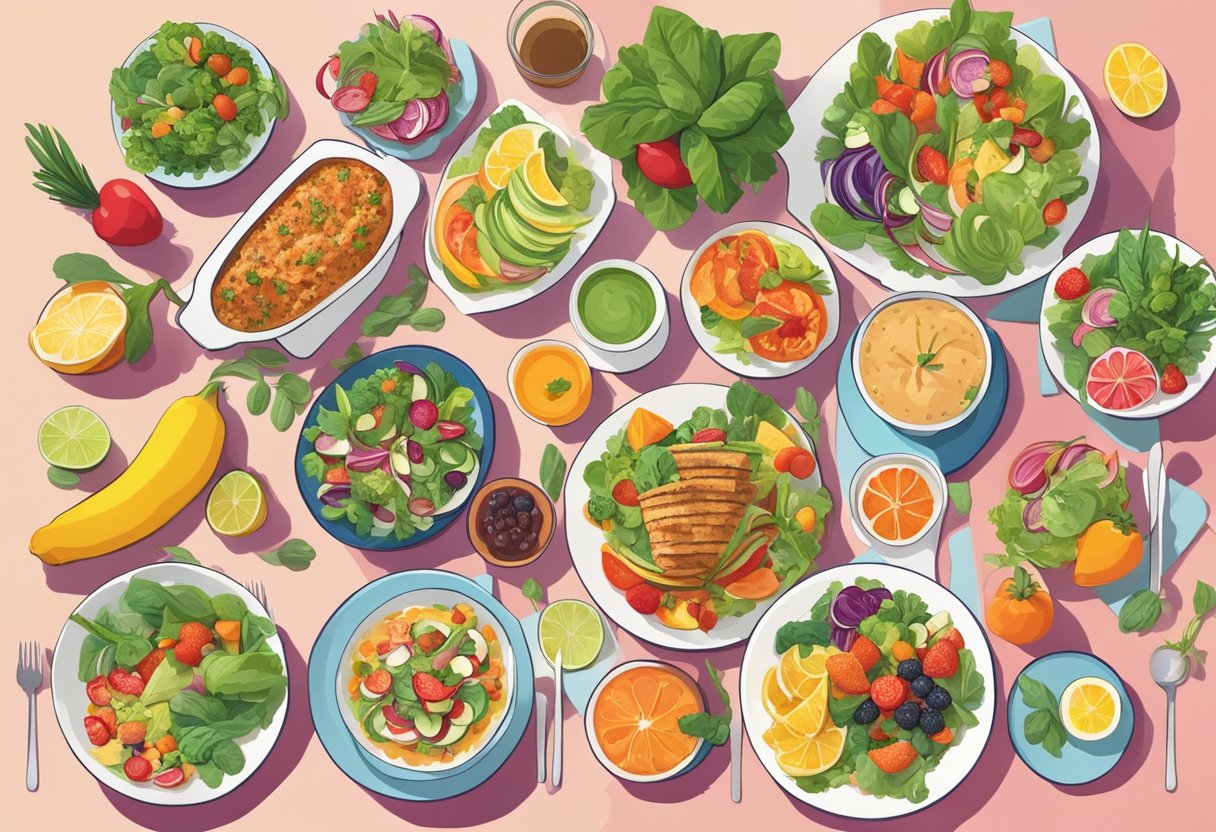 A colorful array of plant-based dishes spread across a table, with fresh fruits, vegetables, and vibrant salads. The setting is a modern, bright restaurant with a welcoming atmosphere