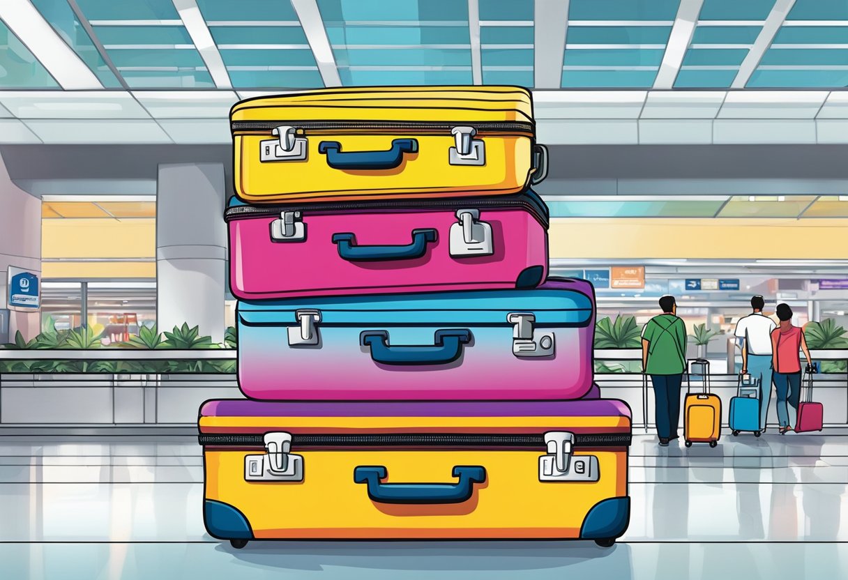 A stack of colorful American Tourister suitcases with a "Frequently Asked Questions" sign in a bustling Singapore airport