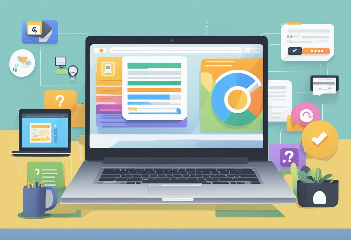A laptop with a "Frequently Asked Questions" webpage displayed, surrounded by icons and a clean, modern web design layout