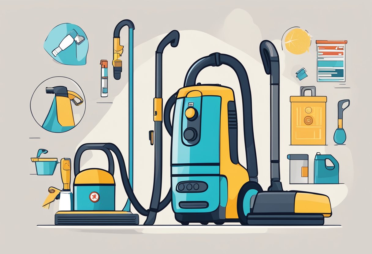 A vacuum cleaner with "Frequently Asked Questions" displayed on a screen, surrounded by various cleaning accessories and a Singaporean flag in the background