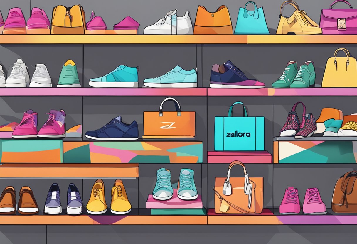 A colorful array of fashion items, shoes, and accessories arranged neatly on display shelves, with the Zalora logo prominently featured in the background
