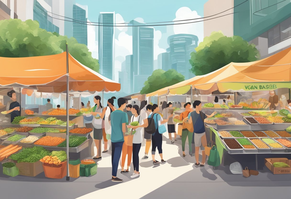 A bustling market stall with colorful signs advertising vegan food in Singapore, with curious customers sampling plant-based dishes
