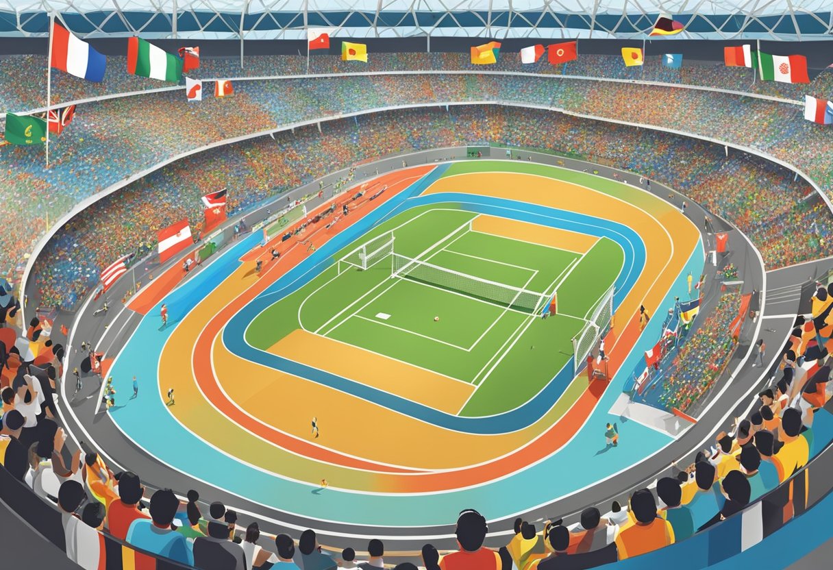 A bustling sports arena with flags of different nations, spectators cheering, and athletes competing in various events at the biggest decathlon in Singapore