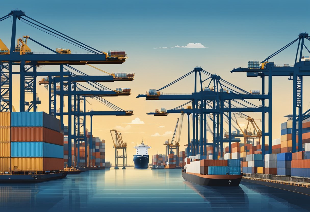 A bustling port with ships being loaded and unloaded at Bollore Logistics Singapore. Cranes and containers fill the scene with activity