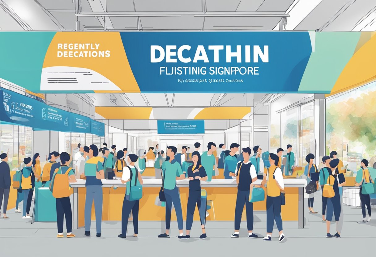A crowded event hall with a large sign reading "Frequently Asked Questions biggest decathlon singapore" above a booth with staff assisting customers