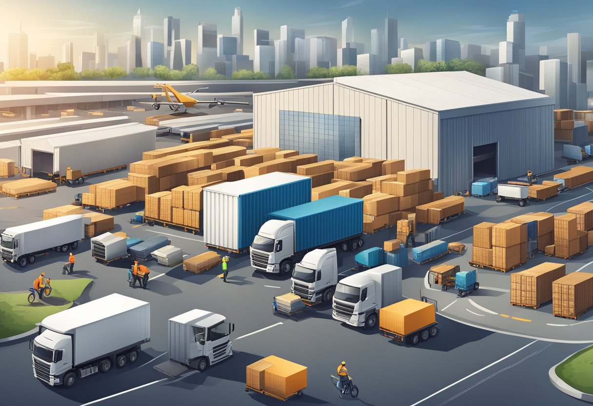 A bustling logistics hub with trucks loading and unloading cargo, workers managing inventory, and a modern office building in the background
