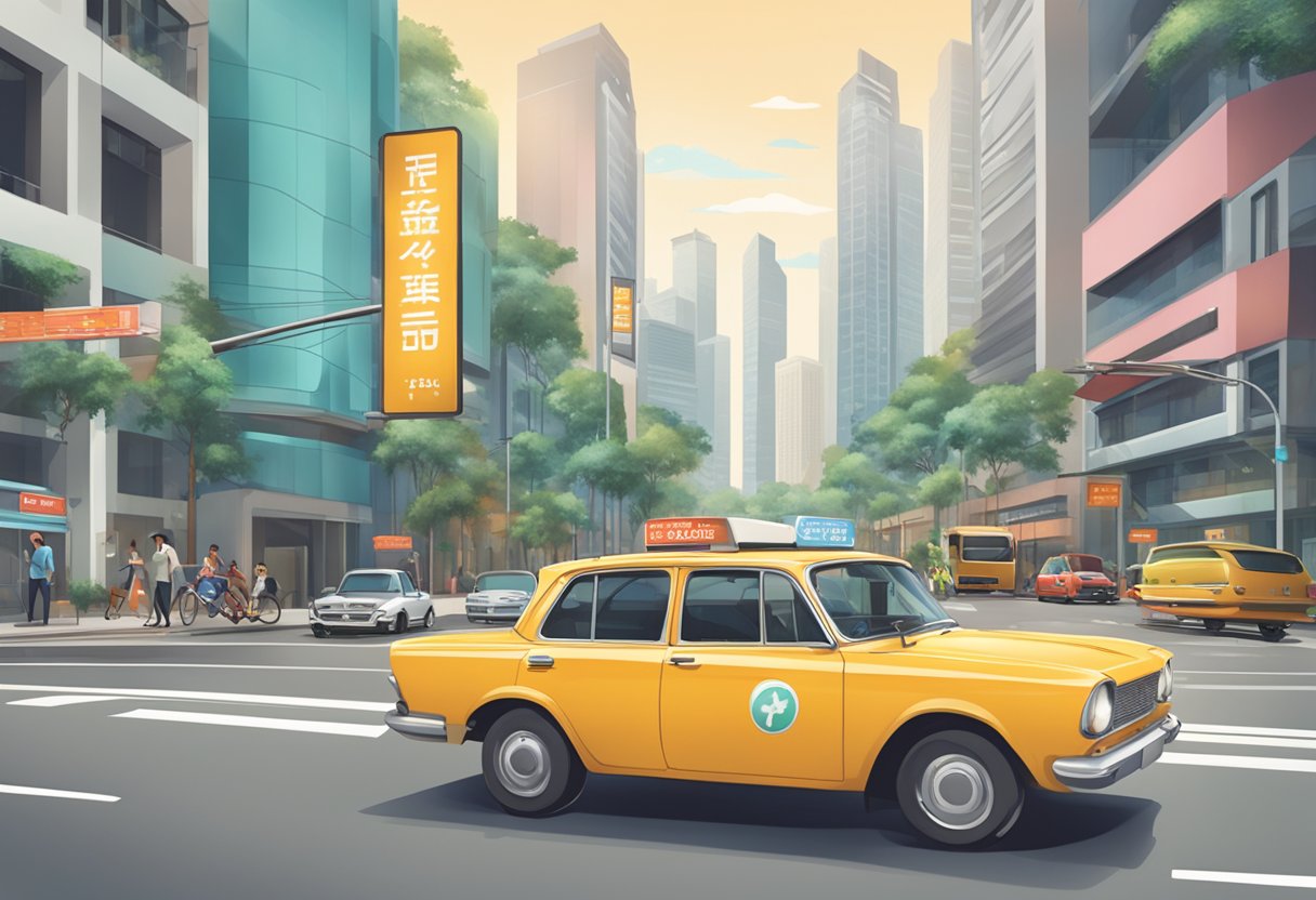 A car with a "Driving School Singapore" sign on top, navigating through a busy city street