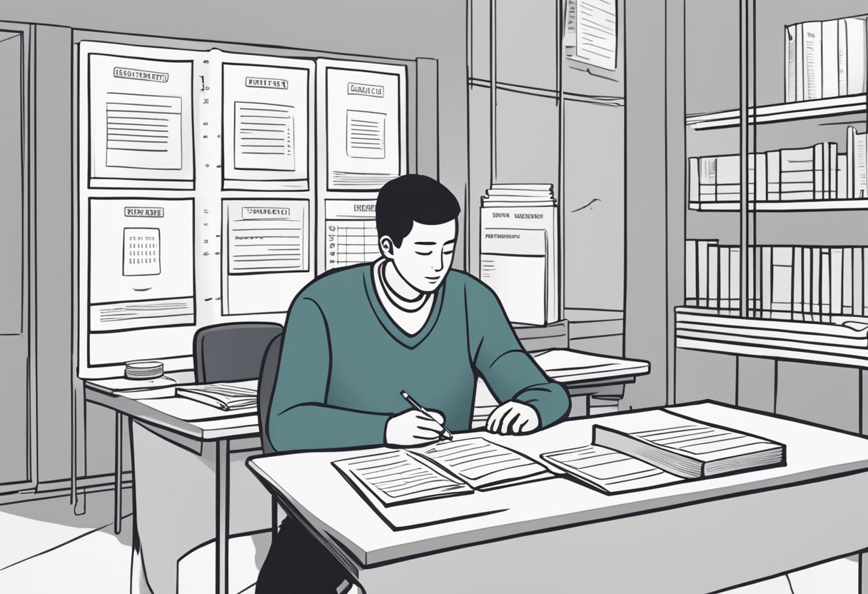 A person sitting at a desk, filling out a multiple-choice test booklet with a pencil. The test booklet is labeled "Basic Theory Test Singapore."