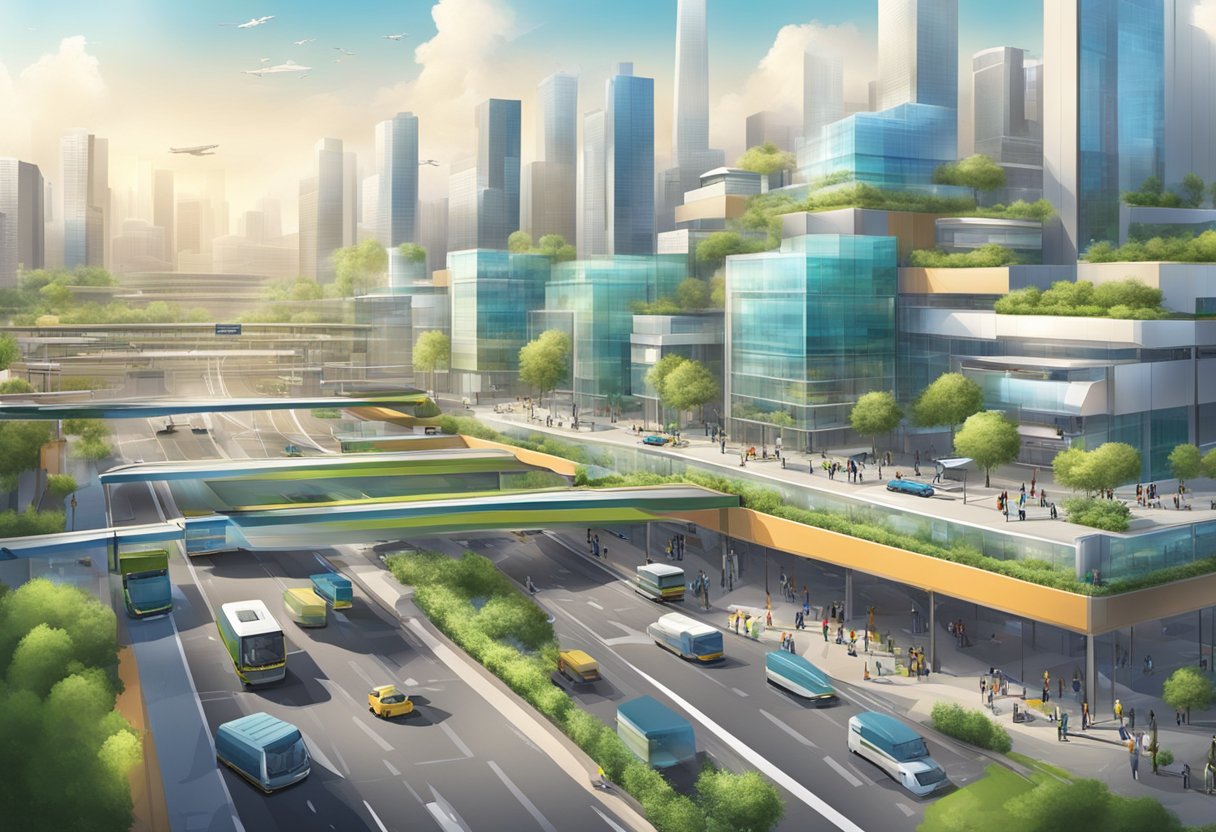 A bustling cityscape with modern, eco-friendly logistics centers and innovative transportation solutions