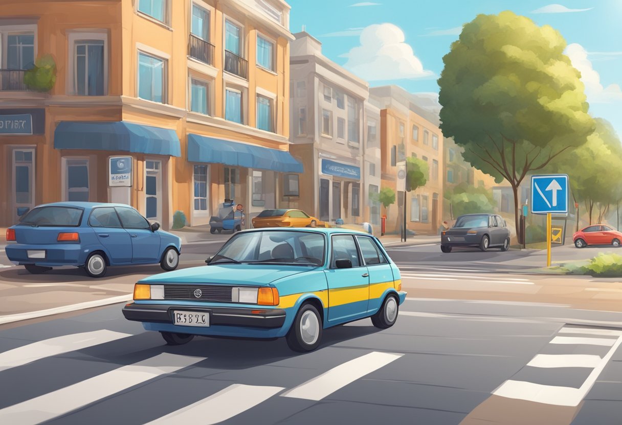 A car on a road with traffic signs, a driving school building, and a student driver practicing parallel parking
