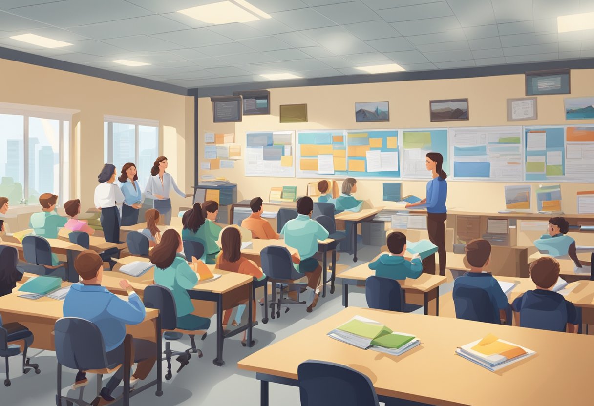 A busy driving school office with students lining up to ask questions, instructor at desk, posters on wall