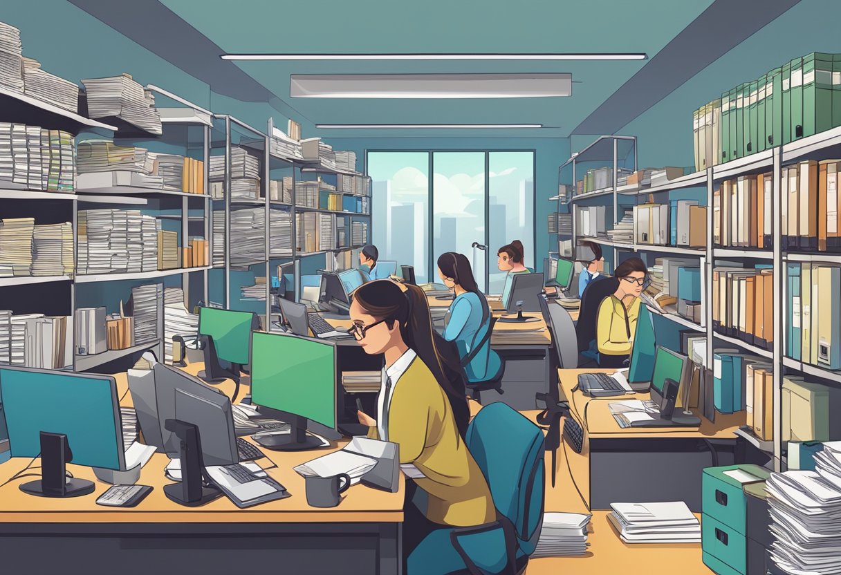 A busy office with employees answering phone calls and typing on computers, surrounded by shelves of files and documents