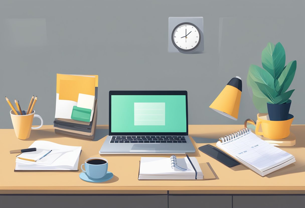 A desk with a pile of study materials, a computer, and a cup of coffee. A calendar on the wall marks the test date