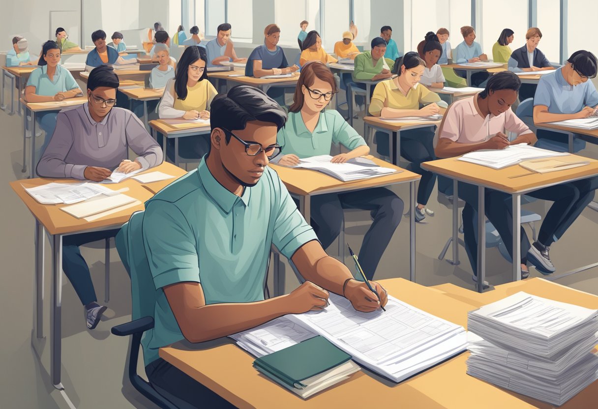 A person sitting at a desk with a test paper and pencil, surrounded by other test-takers