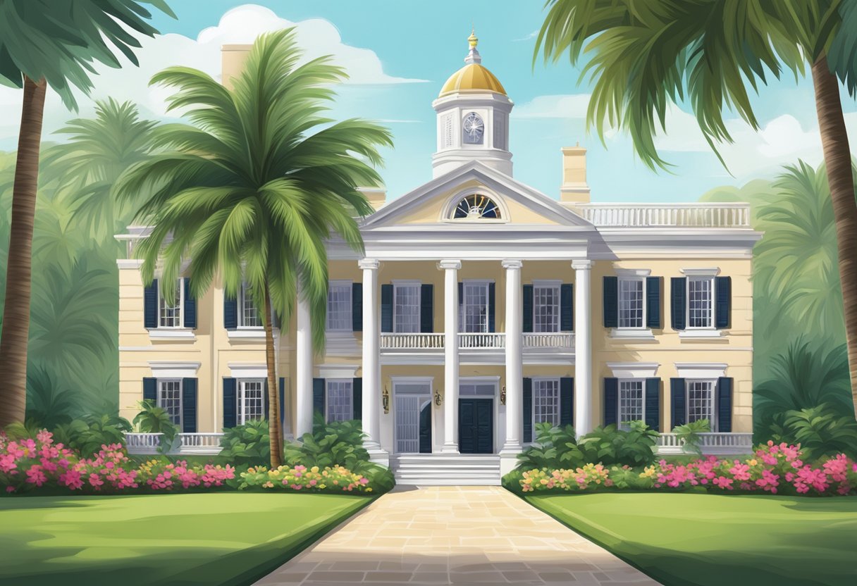 A colonial-style building with a grand entrance, surrounded by lush greenery and palm trees, with the British flag flying high