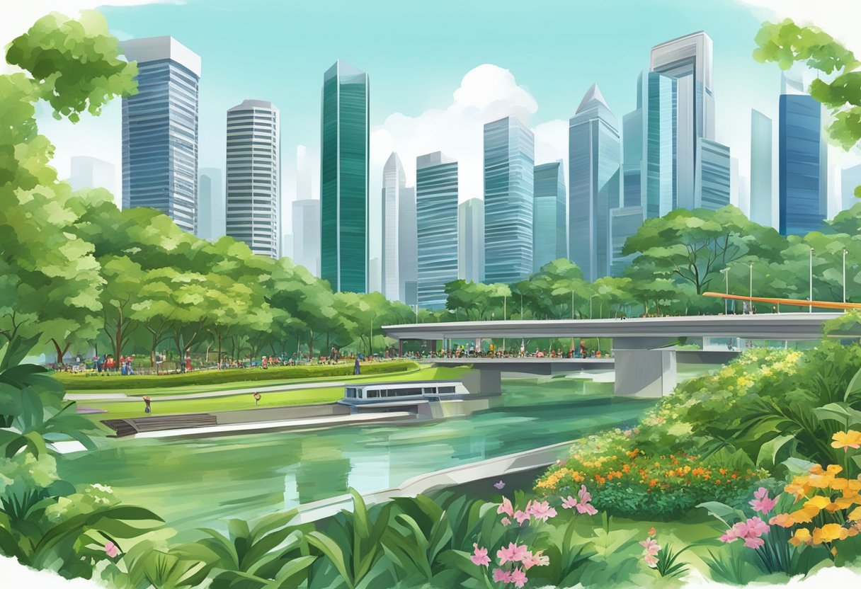 A bustling cityscape of modern skyscrapers and lush green parks in the heart of Singapore's CBD