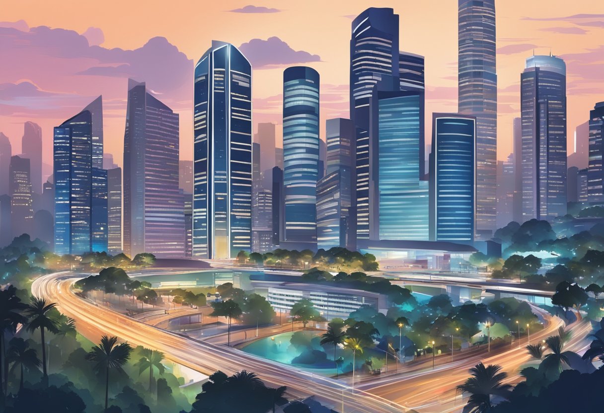A bustling cityscape with modern skyscrapers, bustling streets, and vibrant lights in the heart of Singapore's CBD